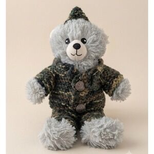 12" Gray Fuzzy Friends Teddy Bear Handmade Knit Camo Military Outfit Beret Plush